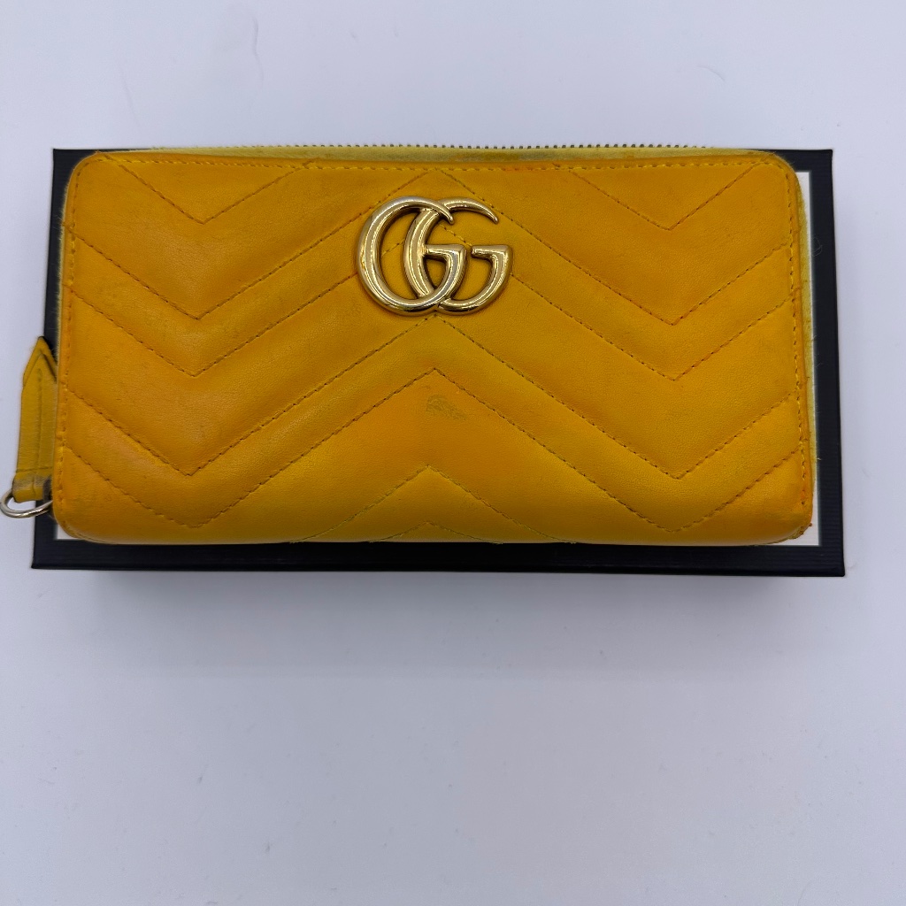 Gucci Marmont Yellow Monogram Leather Zip Around Wallet Full Inclusion